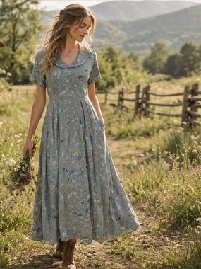 Vintage FLAX Cottagecore Lavender Floral Midi Dress Collared Prairiecore Large